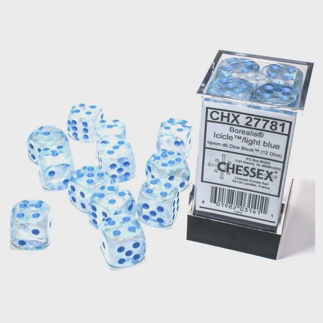 Borealis: 12mm d6 Icicle/light blue Luminary Dice Block (36 dice)