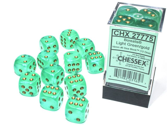 Borealis: 12mm d6 Light Green/gold Luminary Dice Block (36 dice)