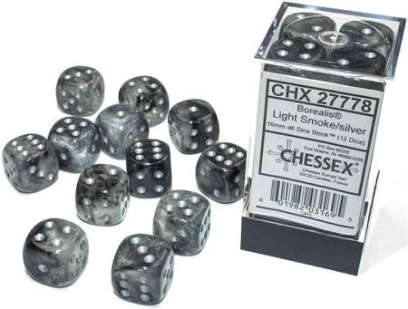 Borealis: 12mm d6 Light Smoke/silver Luminary Dice Block (36 dice)