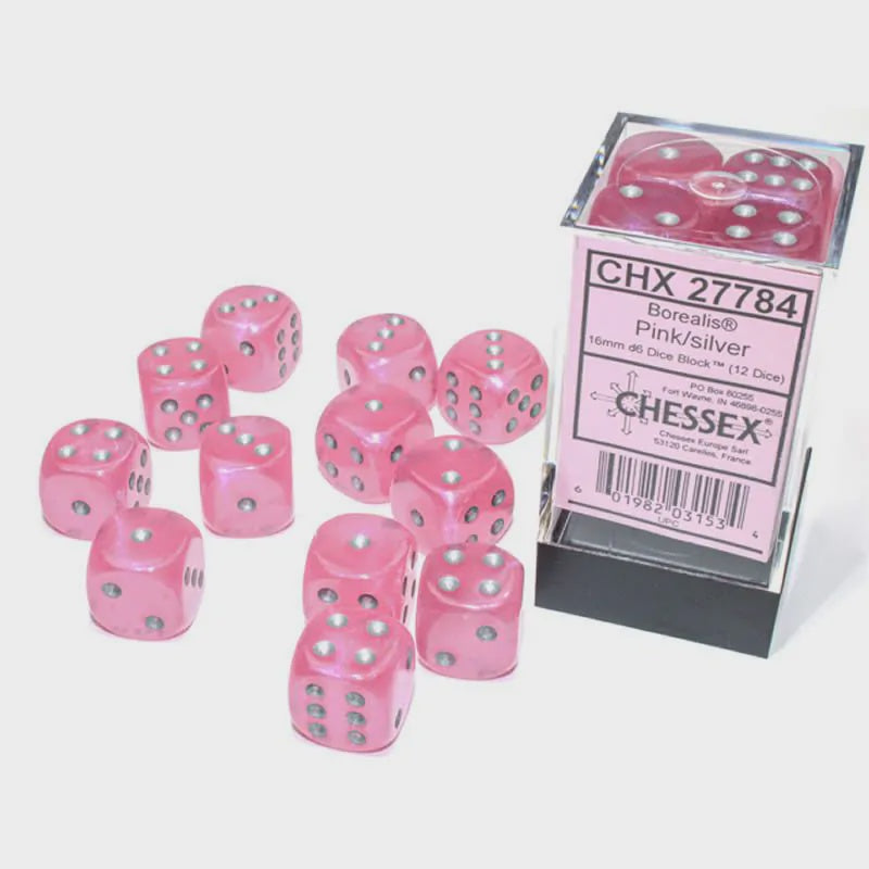 Borealis: 12mm d6 Pink/silver Luminary Dice Block (36 dice)