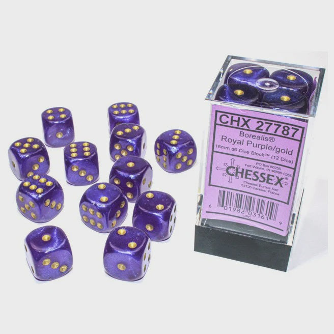 Borealis: 12mm d6 Royal Purple/gold Luminary Dice Block (36 dice)