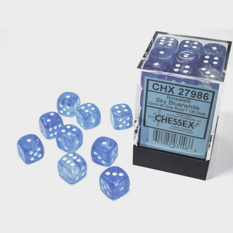 Borealis: 12mm d6 Sky Blue/white Luminary Dice Block (36 dice)